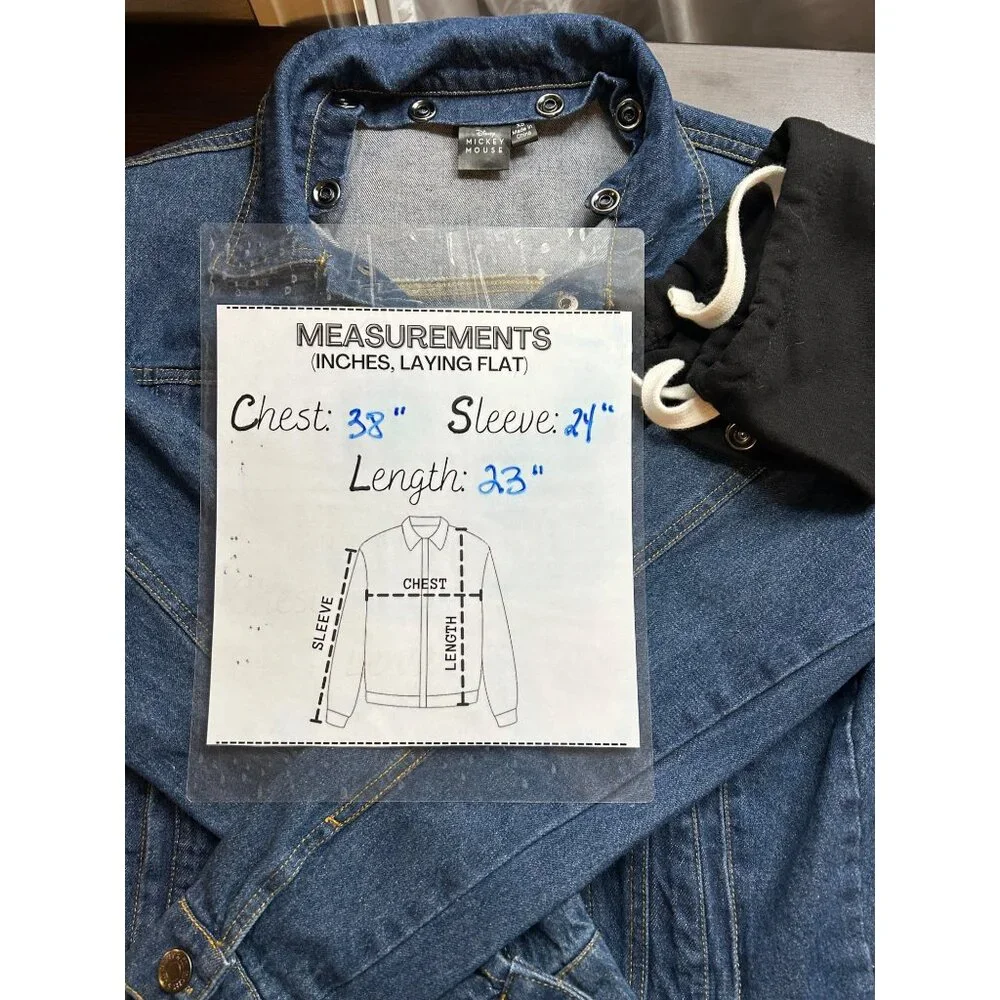 Disney‎ Mickey Mouse Jean Jacket Womens XS Blue Denim Hooded Embroidered Patch